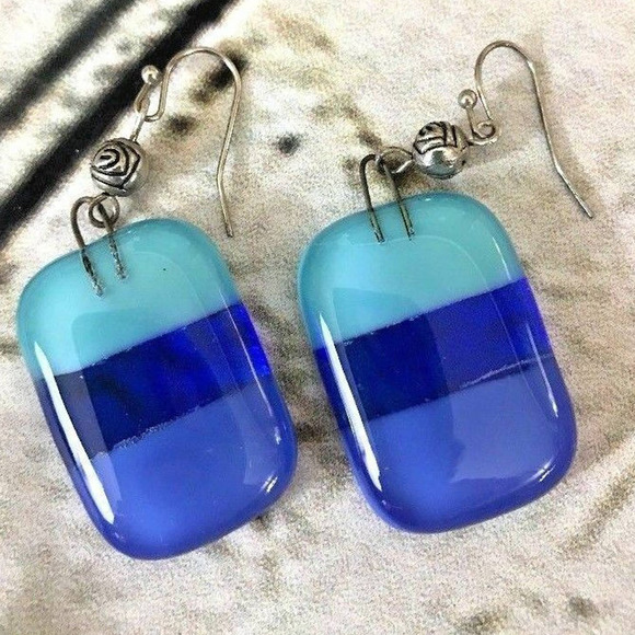 Choker Cable Necklace & Matching Earrings Set Wire Band Blue Glass Pendants - Picture 3 of 7